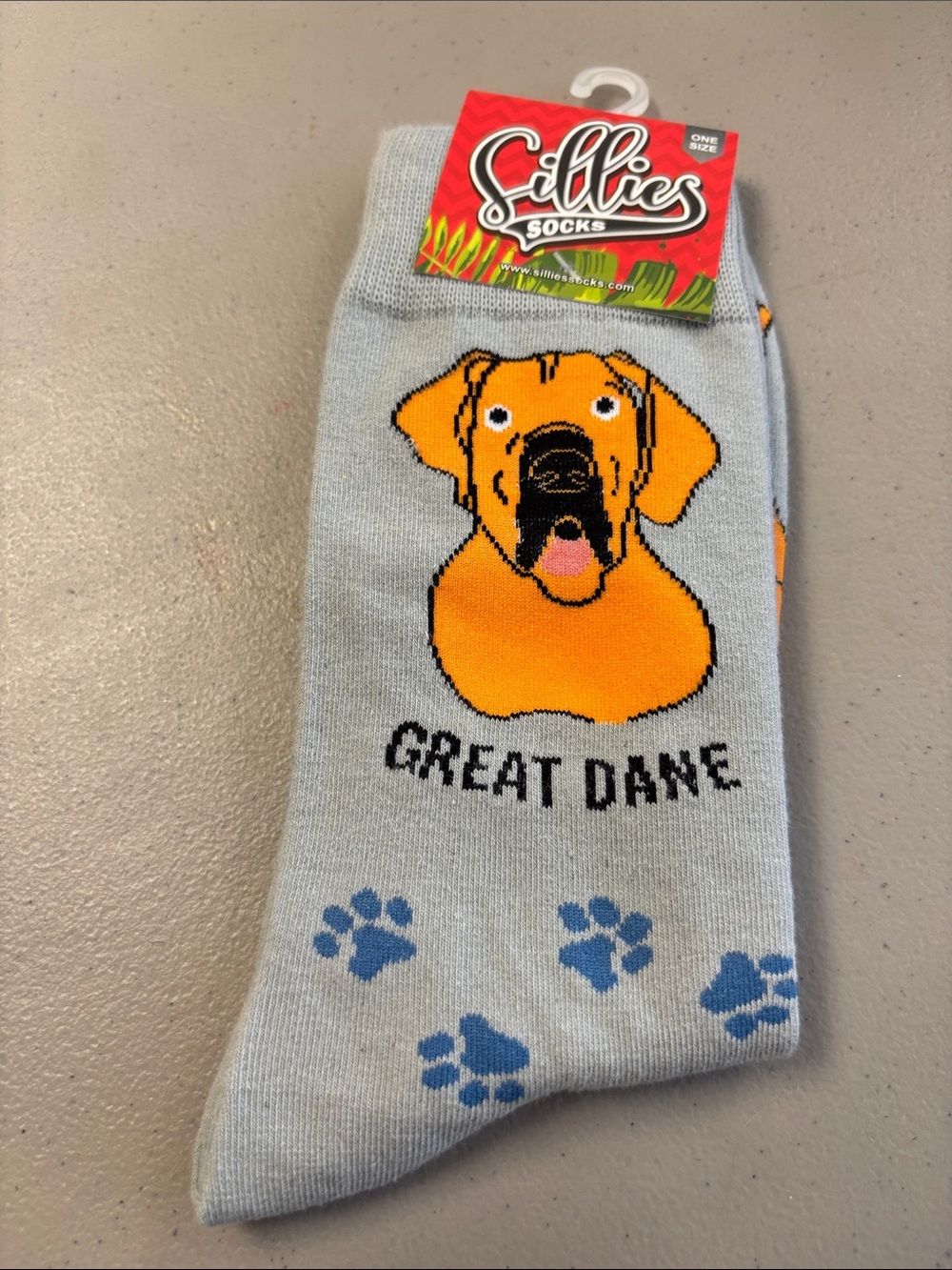 Sillies Great Dane Crew Socks - Light Gray with Orange Dog Motif